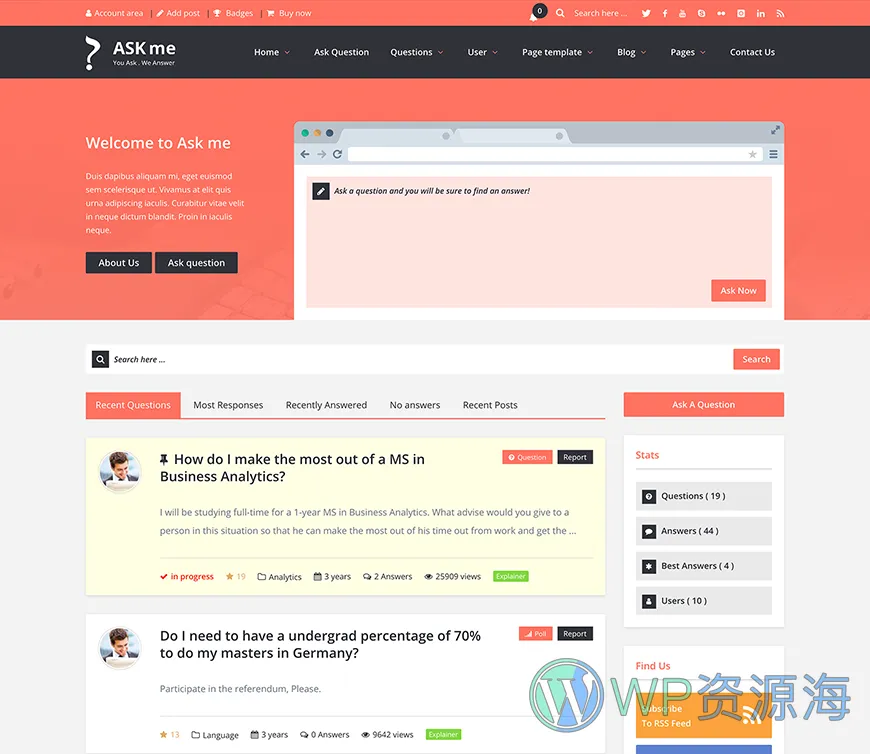 Ask Me-在线问答系统网站模板WordPress主题[更至v6.9.8]插图1-WordPress资源海