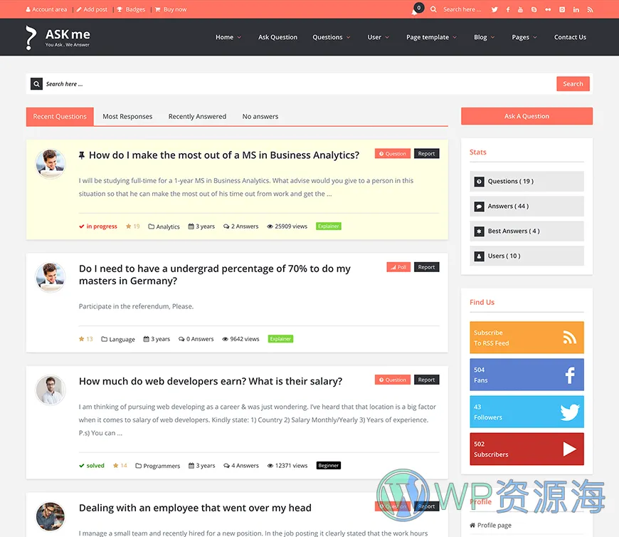 Ask Me-在线问答系统网站模板WordPress主题[更至v7.0.1]插图2-WP资源海