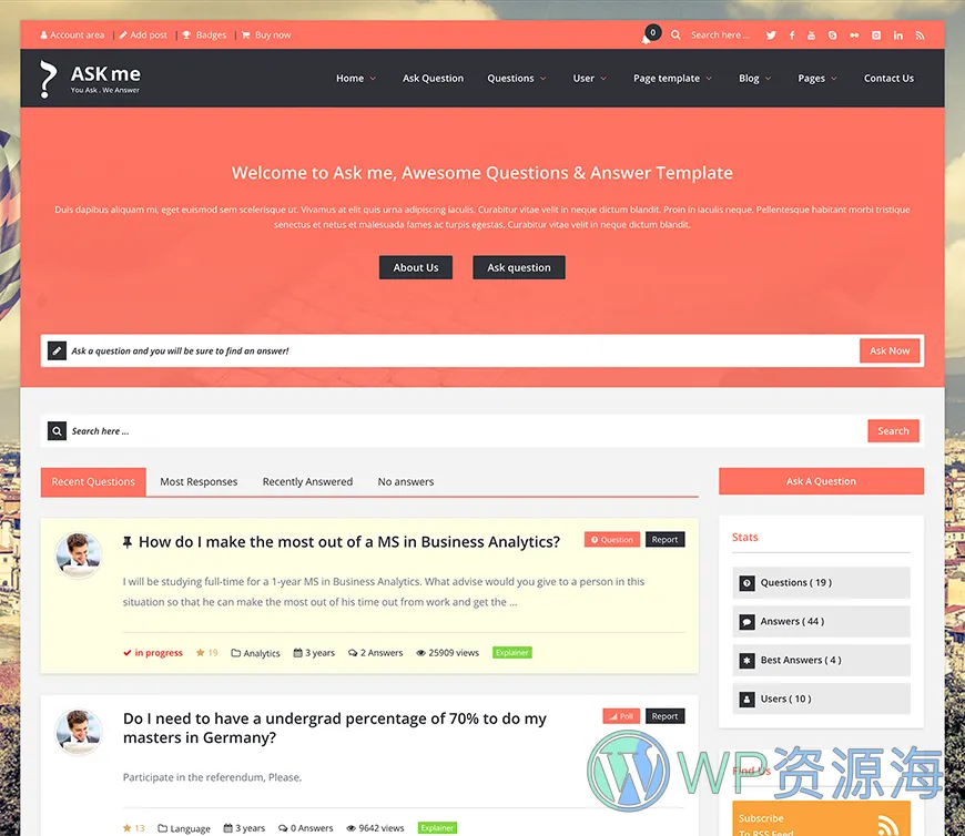 Ask Me-在线问答系统网站模板WordPress主题[更至v7.0.1]插图3-WP资源海