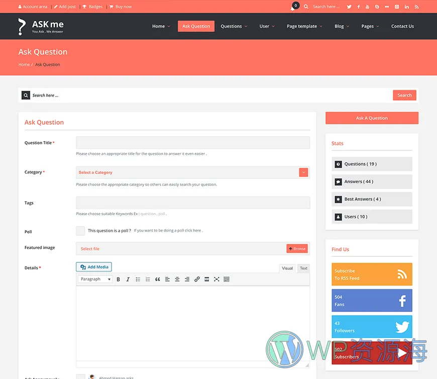 Ask Me-在线问答系统网站模板WordPress主题[更至v7.0.1]插图9-WP资源海