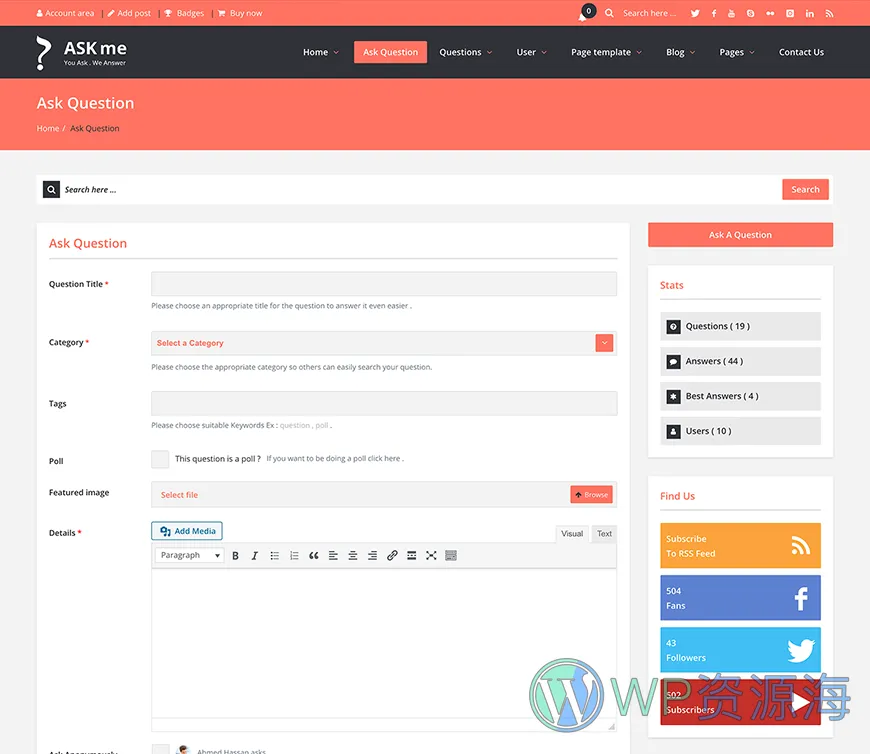 Ask Me-在线问答系统网站模板WordPress主题[更至v6.9.8]插图9-WordPress资源海