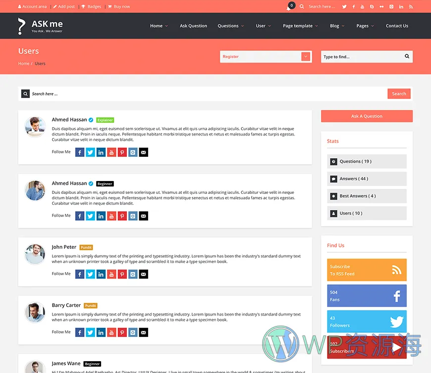 Ask Me-在线问答系统网站模板WordPress主题[更至v7.0.1]插图21-WP资源海