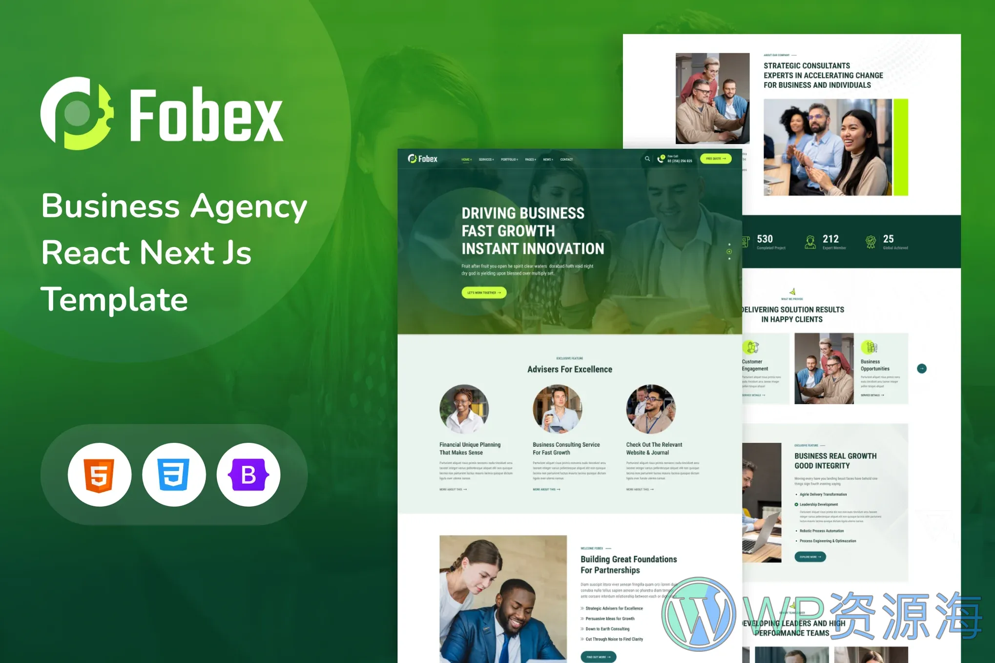 Fobex 绿色多用途企业网站模板HTML+React双版本插图-WP资源海