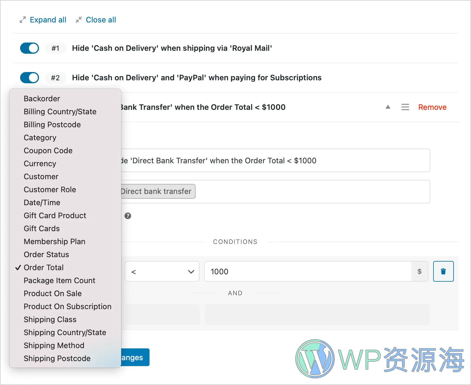 Conditional Shipping and Payments for WooCommerce 配送方式支付选项条件控制插件[更至v2.0.3]插图3-WP资源海