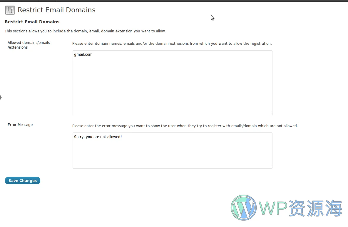 WordPress Restrict Email Domains-用户注册邮箱域名限制插件[更至v1.2.2]插图1-WP资源海