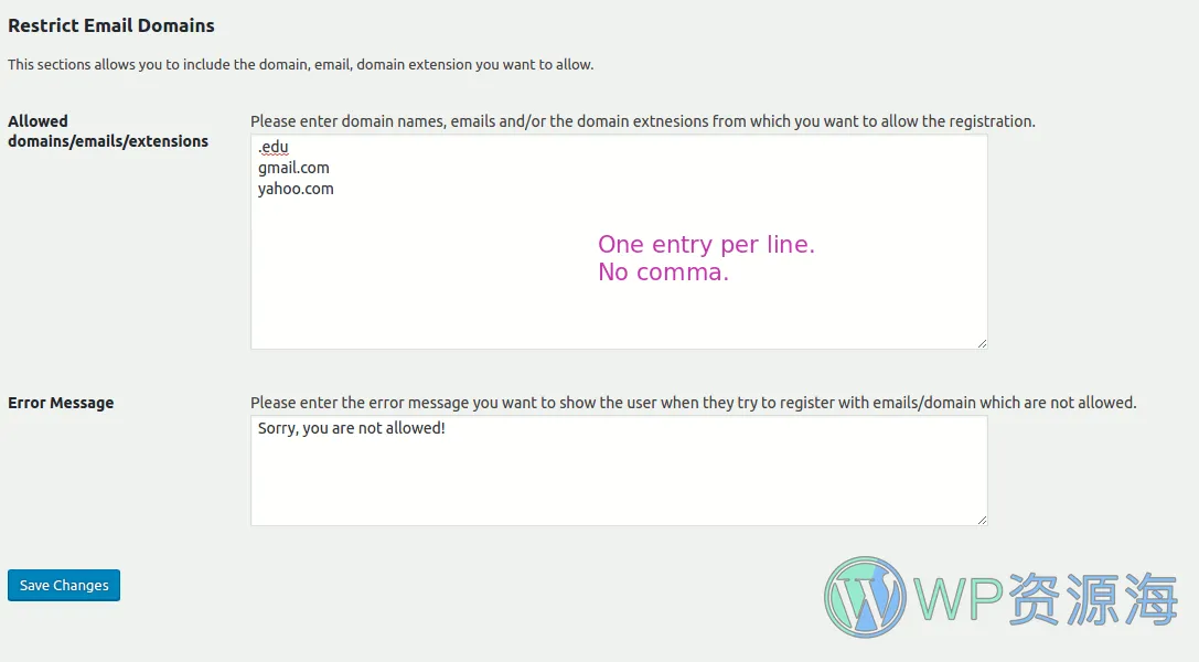 WordPress Restrict Email Domains-用户注册邮箱域名限制插件[更至v1.2.2]插图5-WP资源海