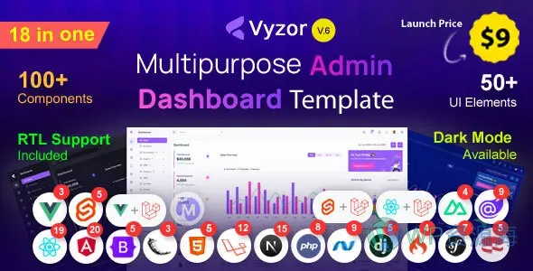 Vyzor – 18合1多框架多用途后台管理前端开发模板插图-WP资源海