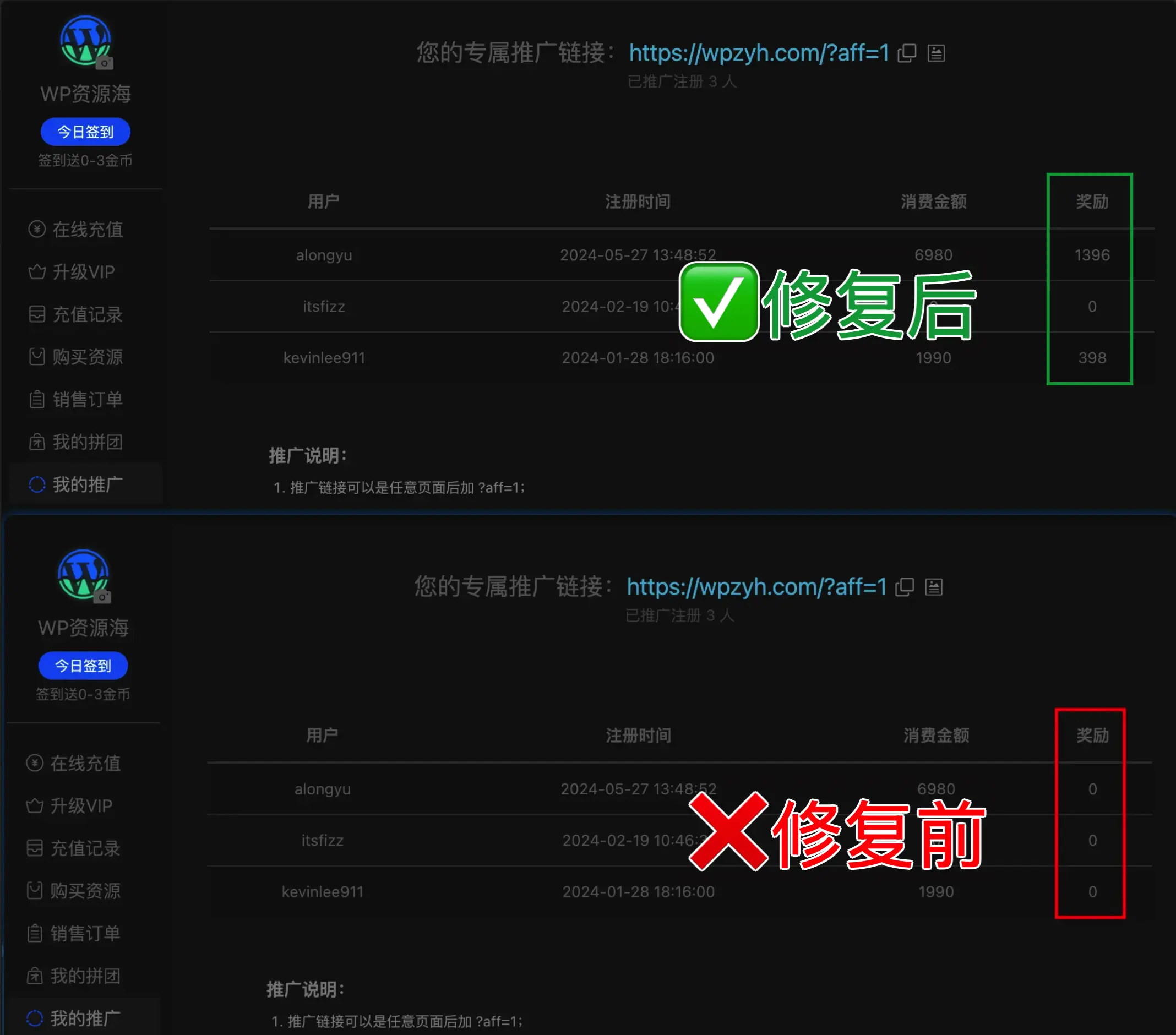 Modown 主题 Bug 修复：我的推广记录表奖励值显示 0