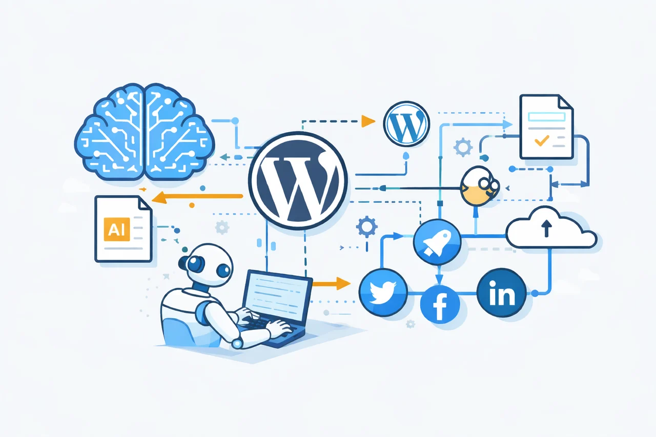 WordPress 全自动内容发布工作流示范：从 AI 写作到自动推送社交平台