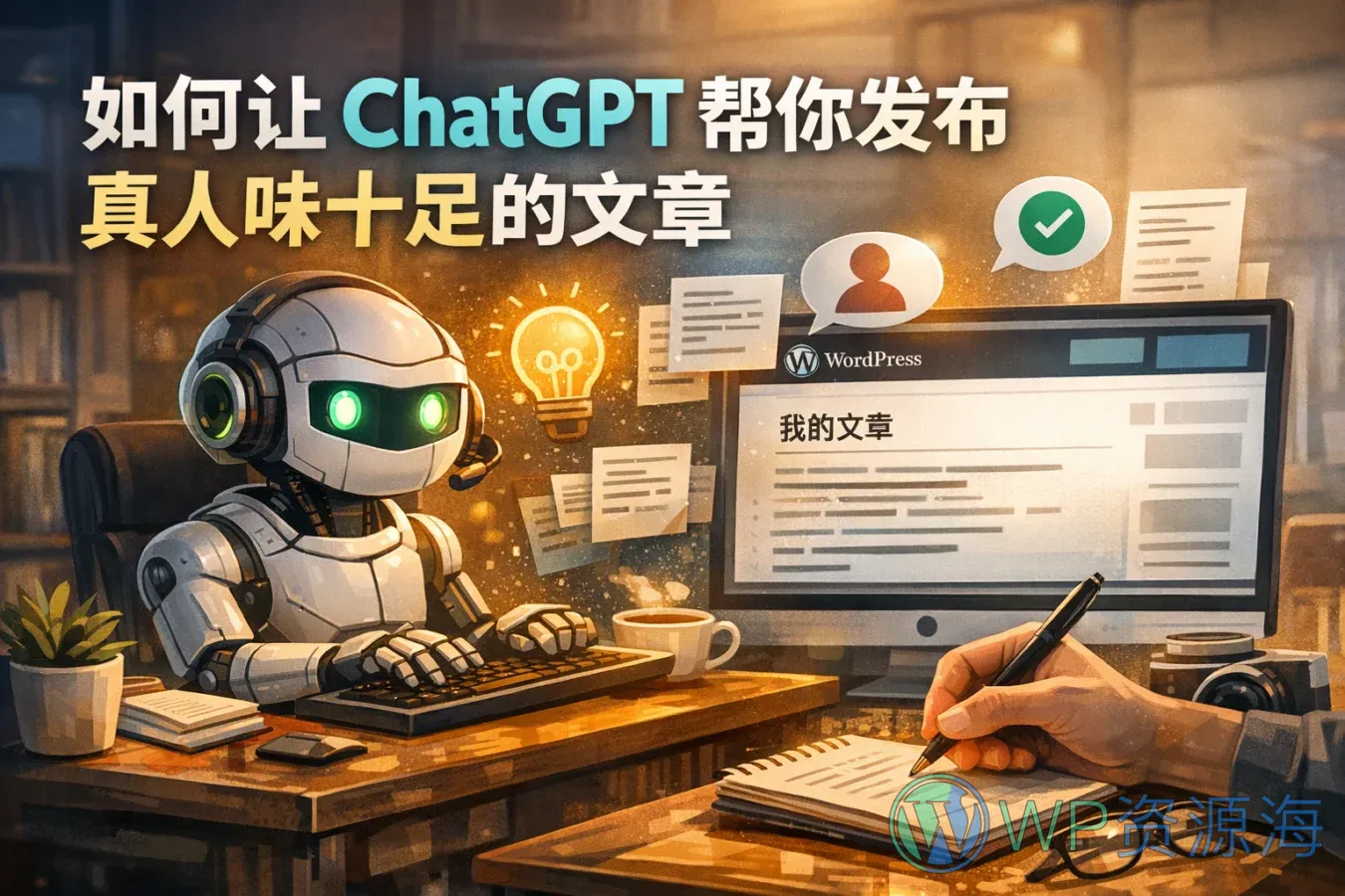 如何让 ChatGPT 帮你发布真人味十足的文章插图-WP资源海 ChatGPT 写作封面图