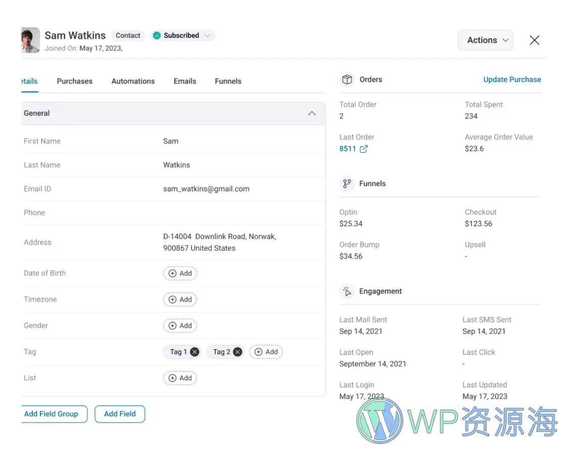 FunnelKit Automations Pro 邮件营销插件插图2-WP资源海 In-depth contact profiles with detailed information, purchase history, engagement, emails sent to them, and more