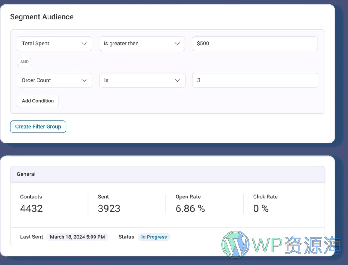 FunnelKit Automations Pro 邮件营销插件插图3-WP资源海 Send WordPress broadcast campaigns with highly targeted segments - create beautiful emails and built-in A/B testing