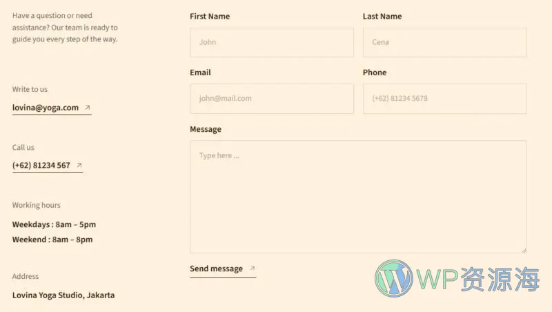 瑜伽冥想Elementor网站模板_一键导入快速建站插图7-WP资源海 瑜伽/冥想 Elementor 模板联系表单预览