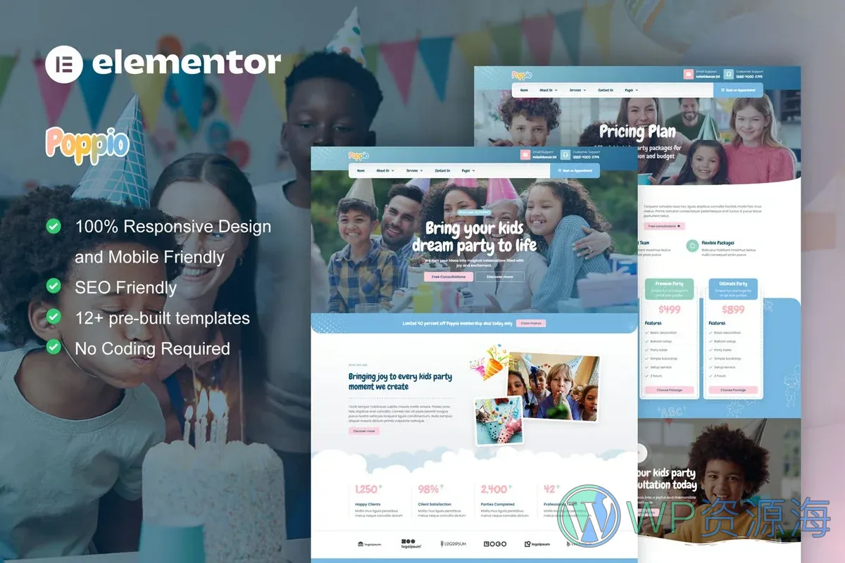 儿童派对策划Elementor网站模板_一键导入快速建站插图-WP资源海 活动/赛事 Elementor 网站模板封面