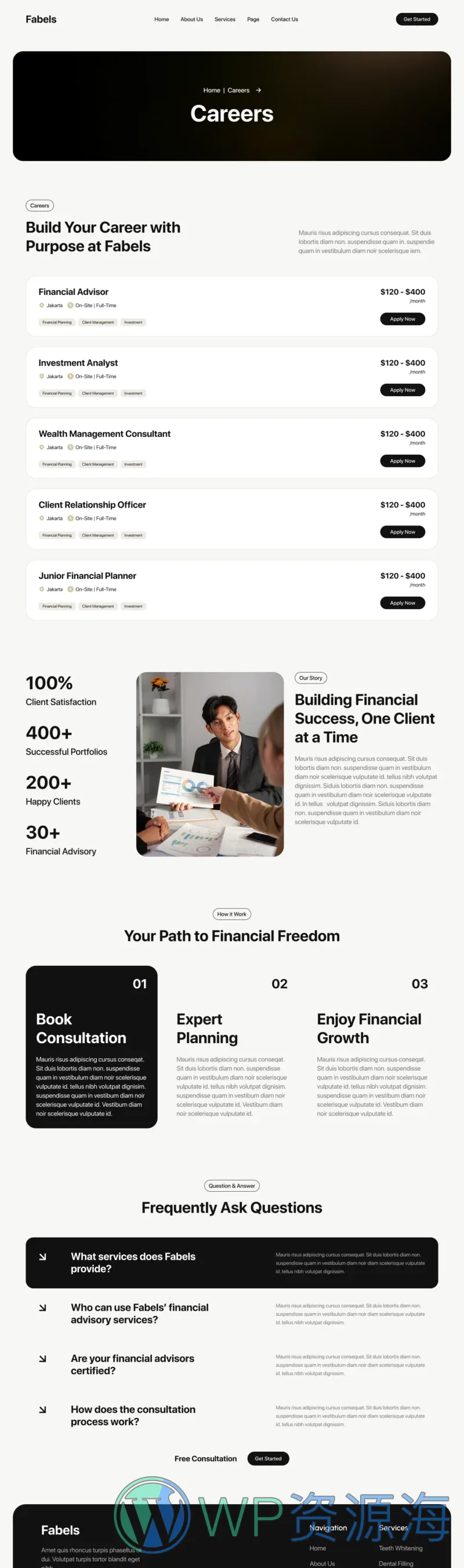 金融顾问咨询Elementor网站模板_一键导入快速建站插图5-WP资源海 金融/投资 Elementor 模板招聘页面预览