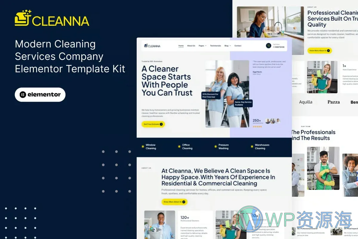 现代保洁服务公司Elementor网站模板_一键导入快速建站插图-WP资源海 保洁 Elementor 网站模板封面