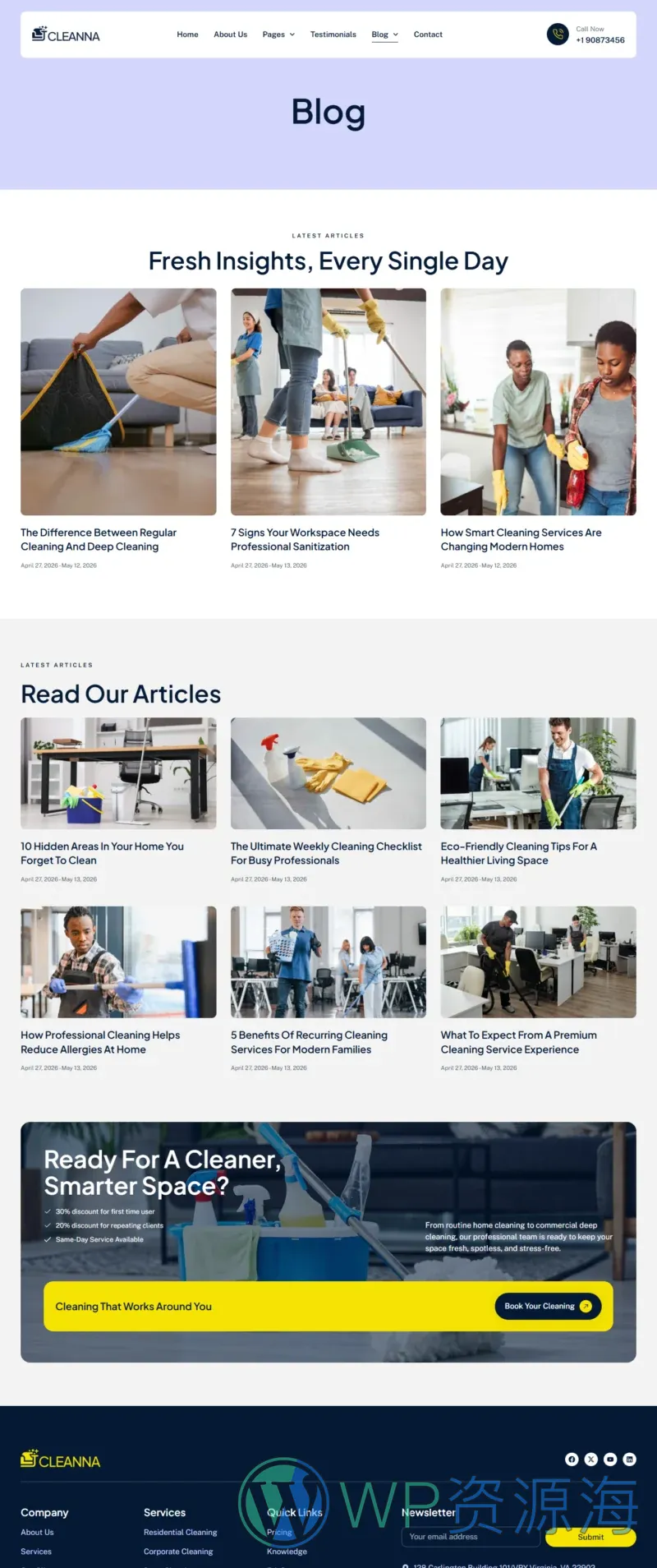 现代保洁服务公司Elementor网站模板_一键导入快速建站插图4-WP资源海 保洁 Elementor 模板博客页面预览