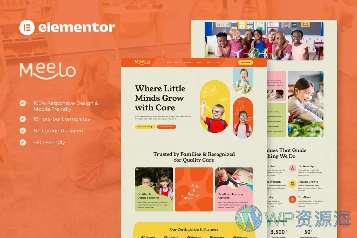 幼儿园托育Elementor网站模板_一键导入快速建站插图-WP资源海 学校 Elementor 网站模板封面