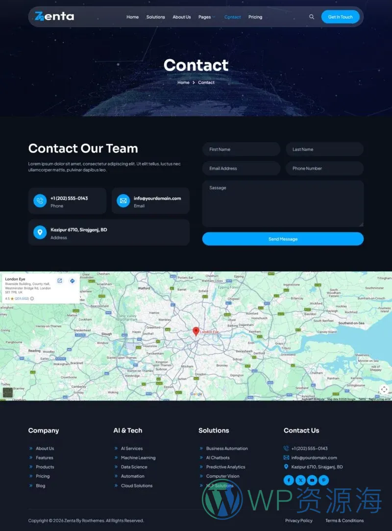 AI科技创业Elementor网站模板_一键导入快速建站插图7-WP资源海 AI Elementor 模板联系页面预览