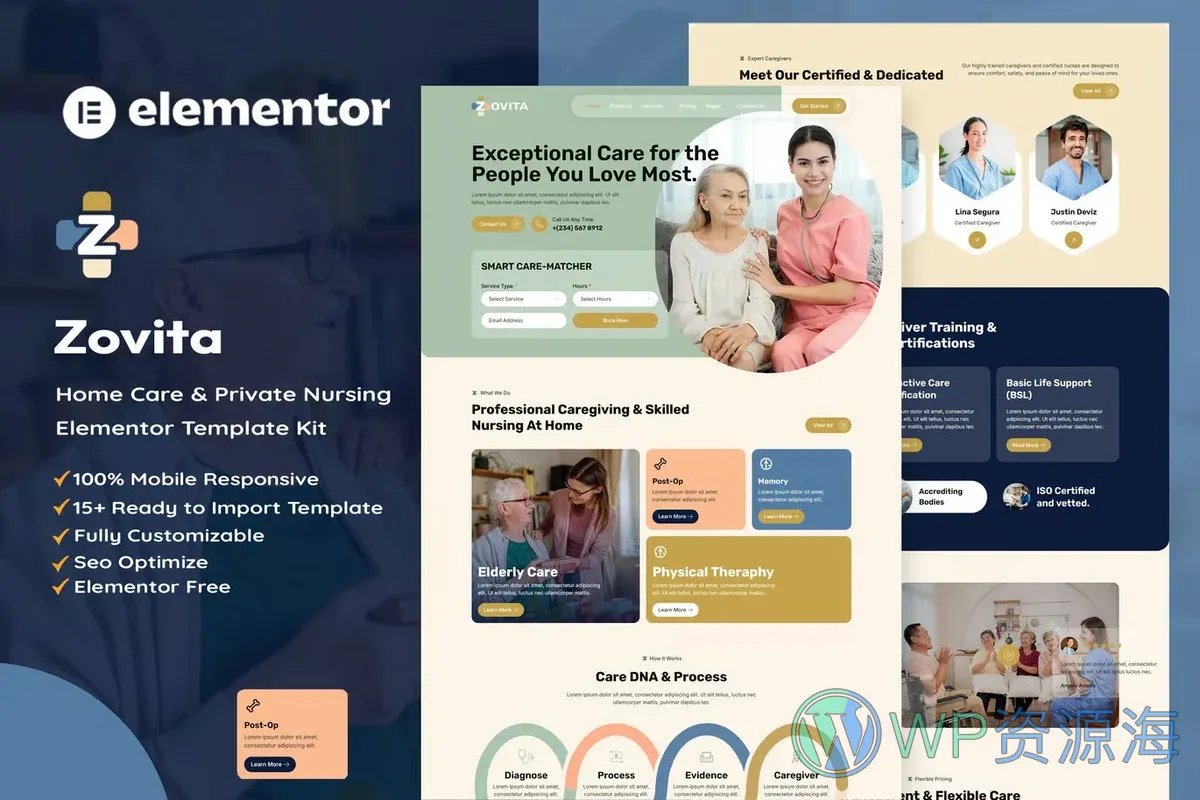 居家护理与私人护理Elementor网站模板_一键导入快速建站插图-WP资源海 健康/医药 Elementor 网站模板封面