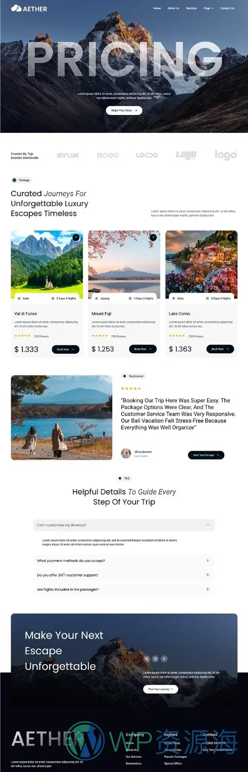 旅游旅行社Elementor网站模板_一键导入快速建站插图5-WP资源海 户外/旅行 Elementor 模板价格页面预览