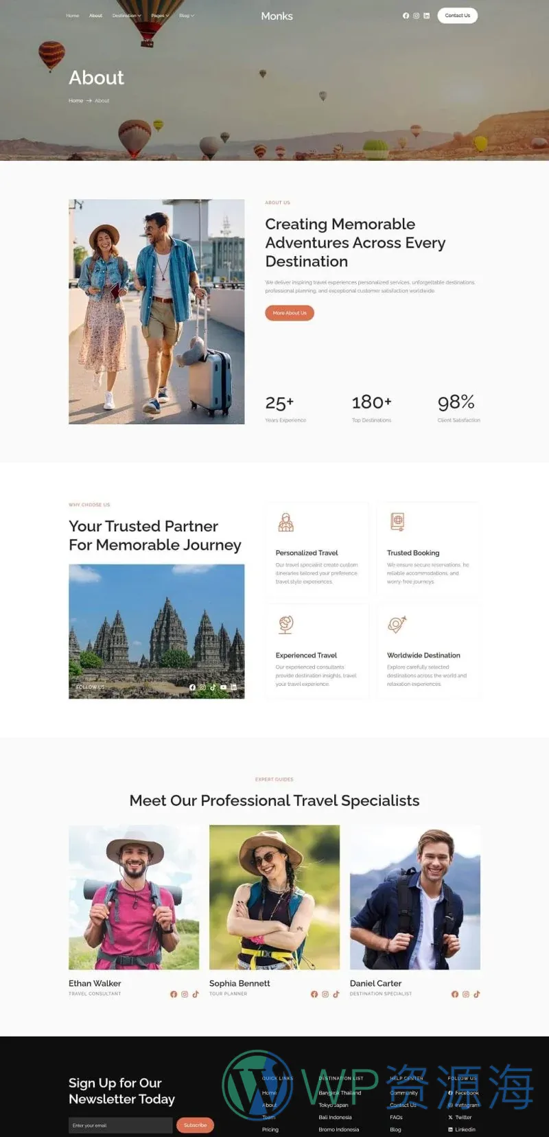 户外/旅行 Elementor 模板关于我们预览