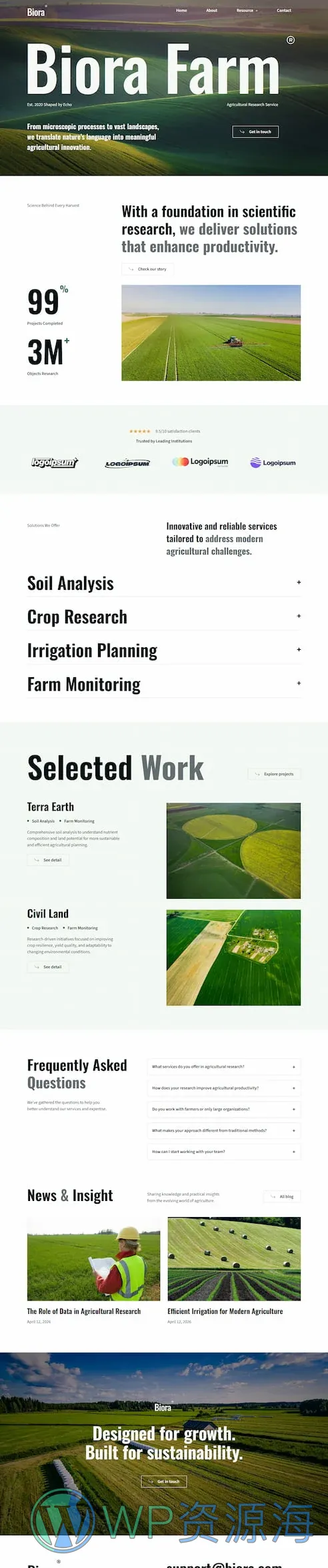 农业科研Elementor网站模板_一键导入快速建站插图1-WP资源海 农业 Elementor 模板首页预览
