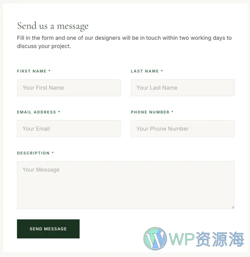 园林景观绿化Elementor网站模板_一键导入快速建站插图2-WP资源海 💐花卉/绿植 Elementor 模板联系表单预览