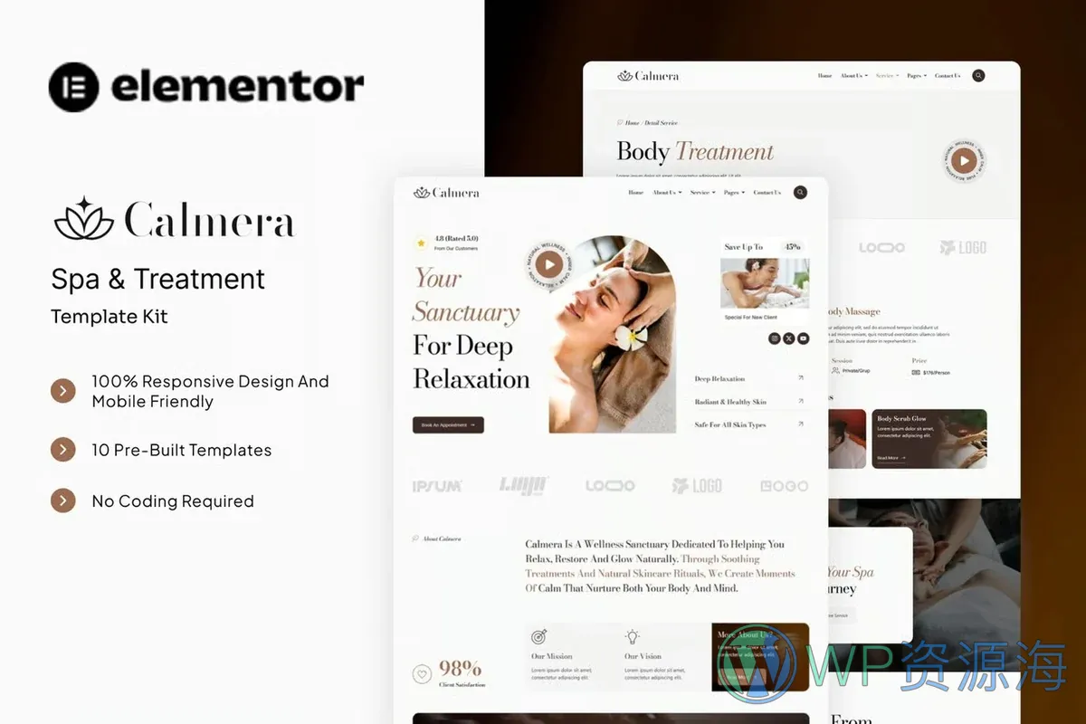 SPA护理美容Elementor网站模板_一键导入快速建站插图-WP资源海 美容/美发 Elementor 网站模板封面