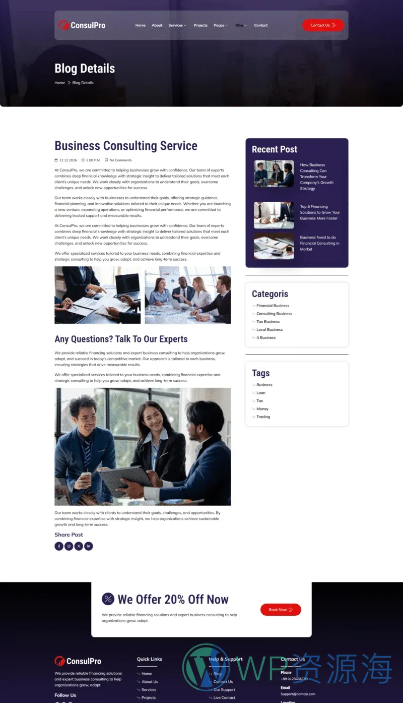 金融/投资 Elementor 模板博客页面预览