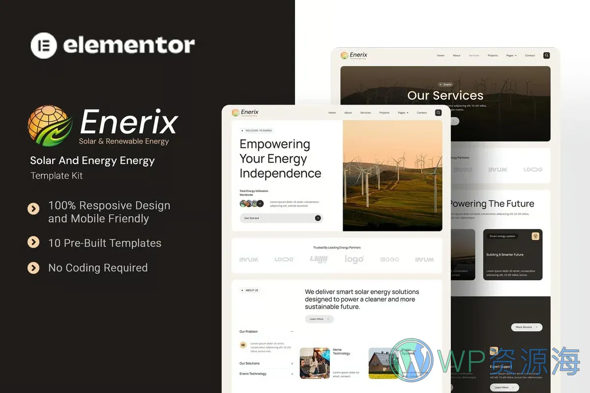 太阳能与可再生能源Elementor网站模板_一键导入快速建站插图-WP资源海 工业/工厂 Elementor 网站模板封面