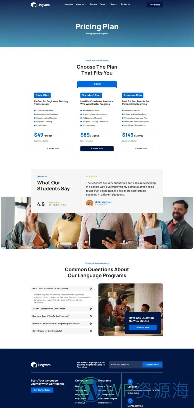 语言课程培训Elementor网站模板_一键导入快速建站插图7-WP资源海 教育/培训 Elementor 模板价格页面预览
