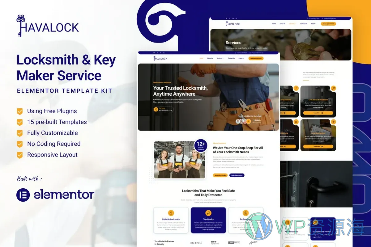 锁匠开锁服务Elementor网站模板_一键导入快速建站插图-WP资源海 维修 Elementor 网站模板封面