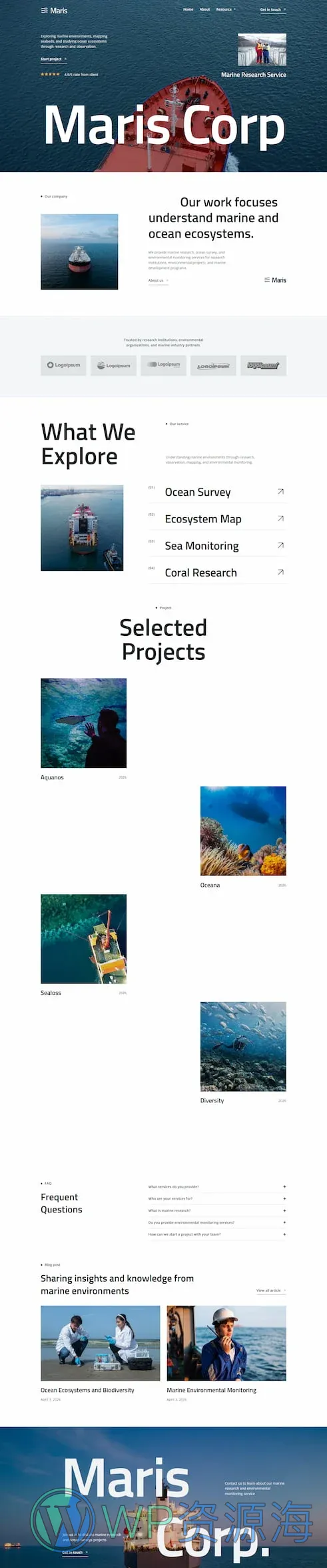 海洋科研与海洋科学Elementor网站模板_一键导入快速建站插图1-WP资源海 科研/实验 Elementor 模板首页预览
