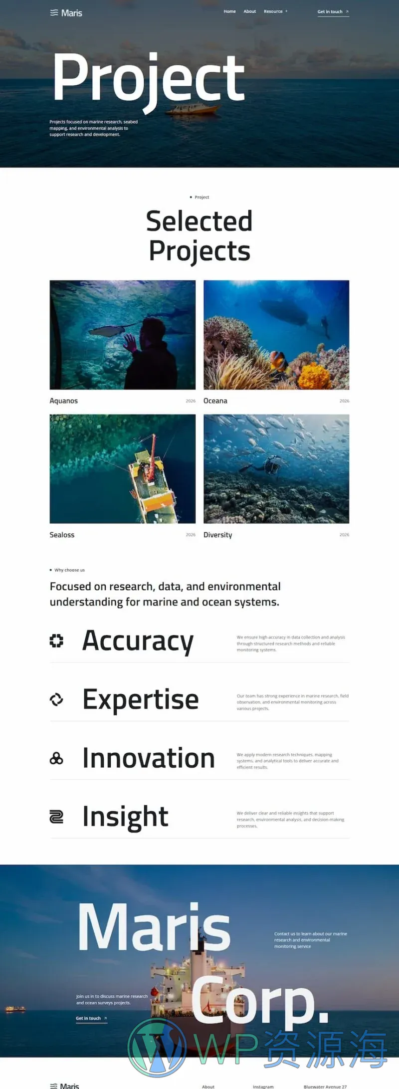 海洋科研与海洋科学Elementor网站模板_一键导入快速建站插图5-WP资源海 科研/实验 Elementor 模板项目案例预览