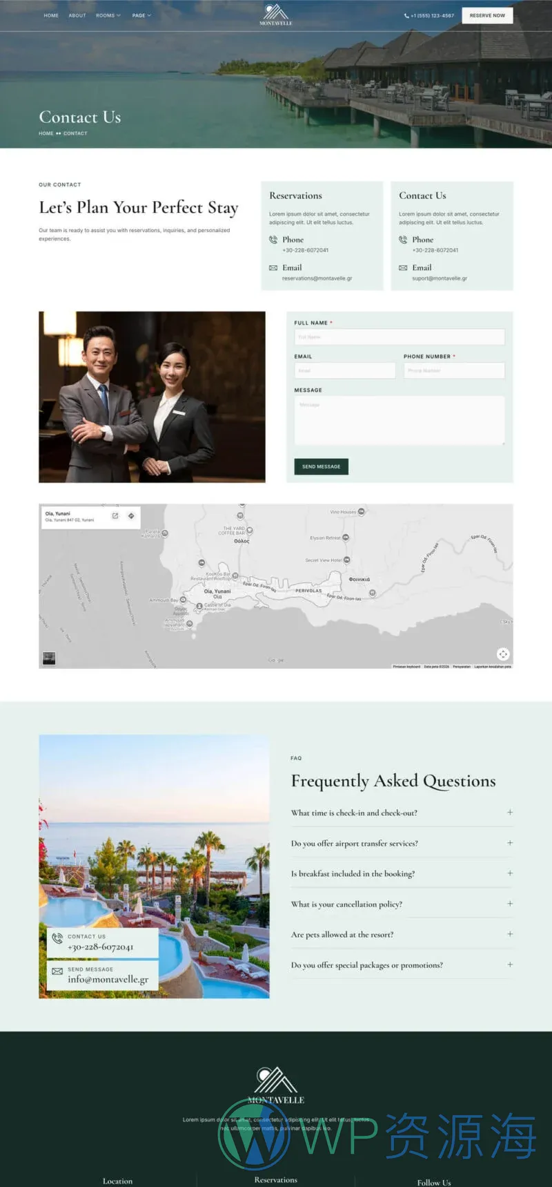 酒店度假村Elementor网站模板_一键导入快速建站插图2-WP资源海 旅馆/酒店 Elementor 模板联系页面预览