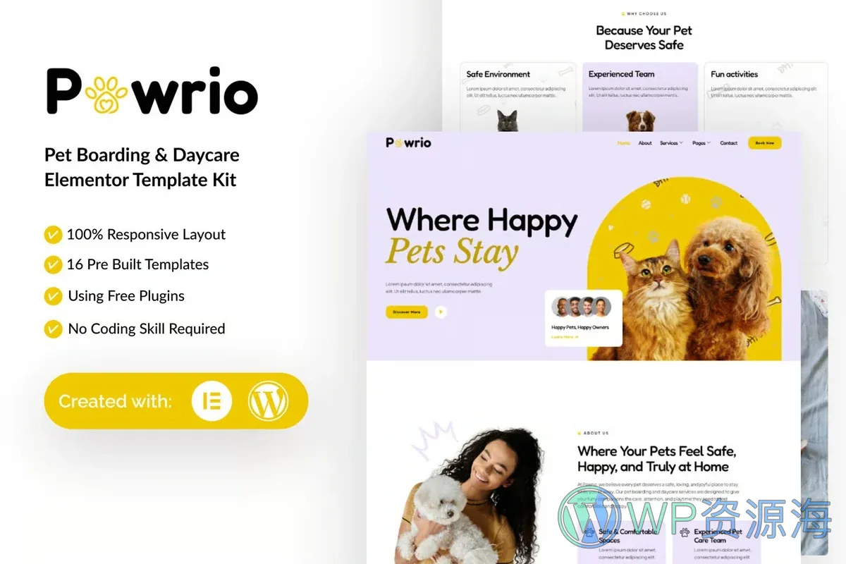 宠物寄养日托Elementor网站模板_一键导入快速建站插图-WP资源海 服务/咨询 Elementor 网站模板封面