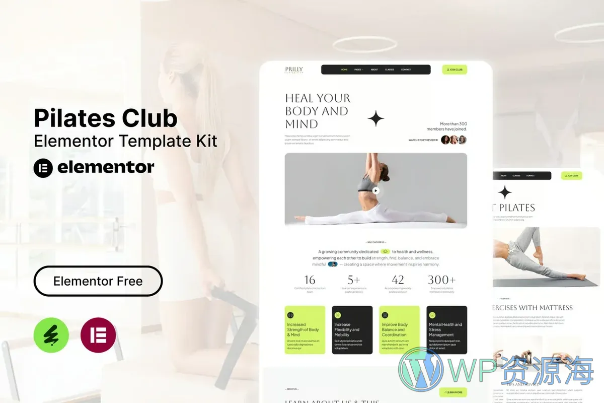 普拉提俱乐部Elementor网站模板_一键导入快速建站插图-WP资源海 运动/健身 Elementor 网站模板封面