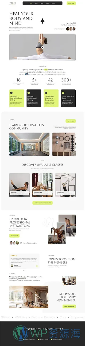 普拉提俱乐部Elementor网站模板_一键导入快速建站插图1-WP资源海 运动/健身 Elementor 模板首页预览