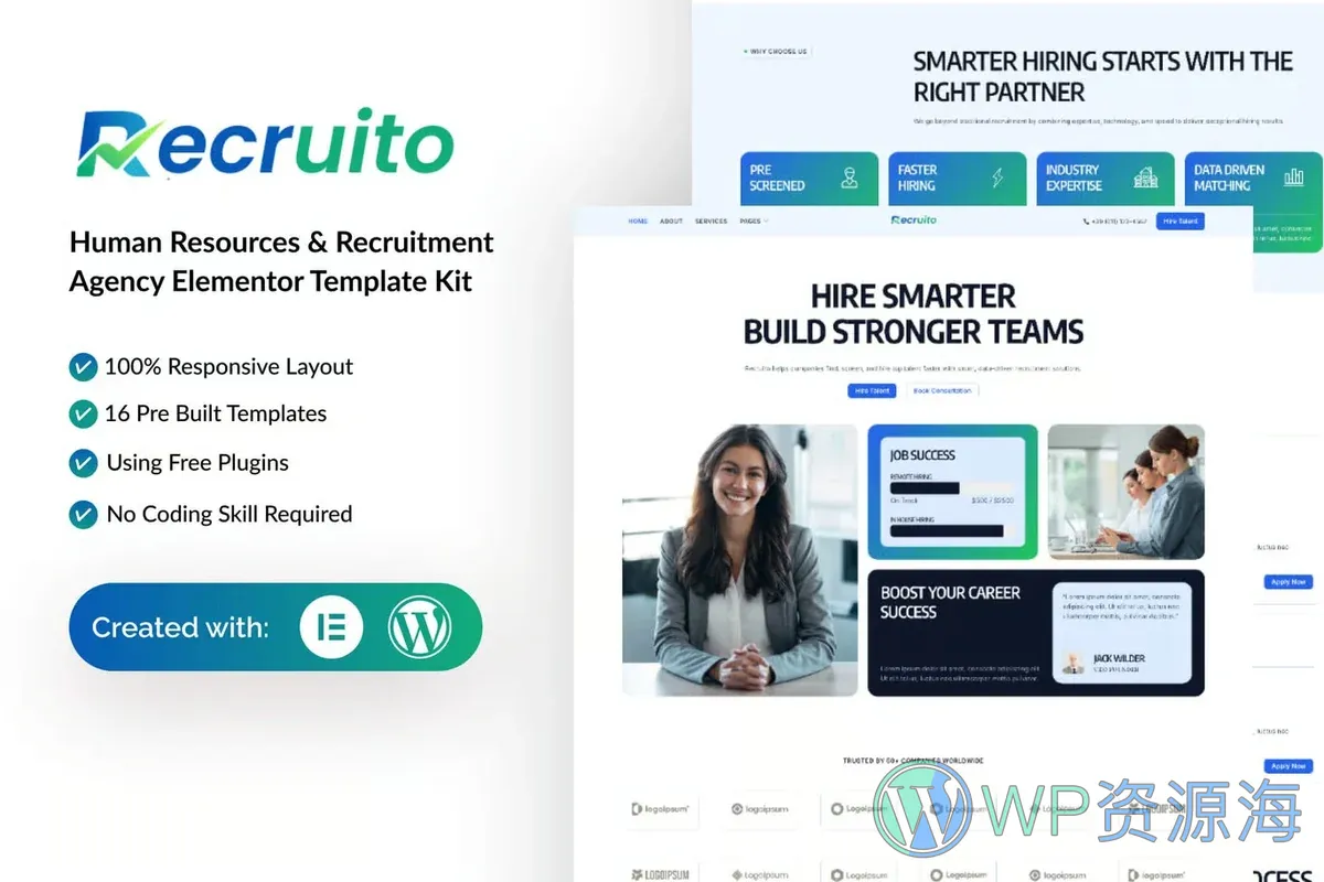 人力资源招聘机构Elementor网站模板_一键导入快速建站插图-WP资源海 服务/咨询 Elementor 网站模板封面
