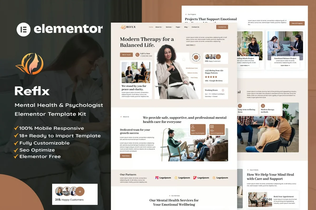 心理健康咨询Elementor网站模板_一键导入快速建站