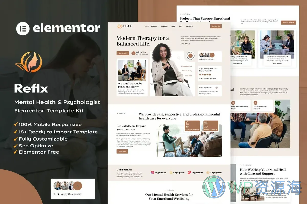 心理健康咨询Elementor网站模板_一键导入快速建站插图-WP资源海 健康/医药 Elementor 网站模板封面