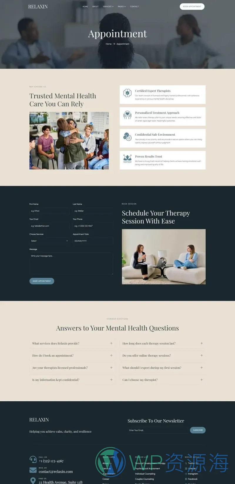 心理健康咨询Elementor网站模板_一键导入快速建站插图3-WP资源海 健康/医药 Elementor 模板预约页面预览
