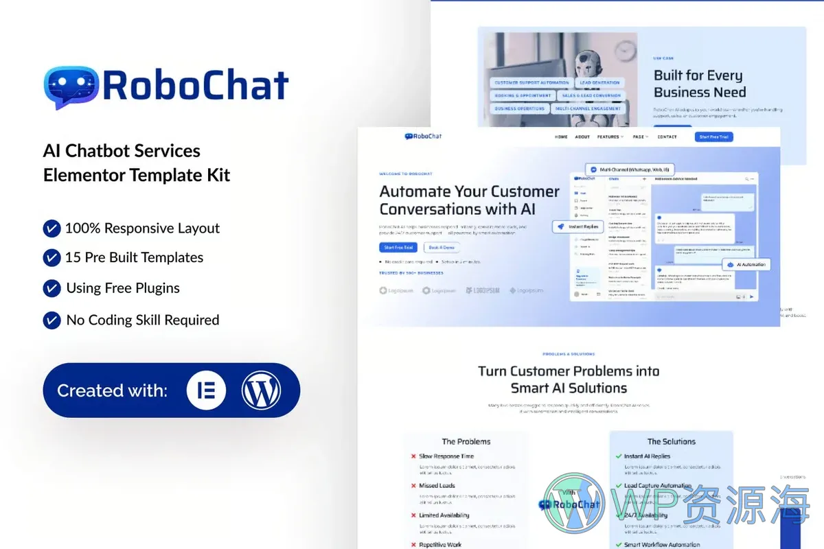 AI聊天机器人服务Elementor网站模板_一键导入快速建站插图-WP资源海 AI Elementor 网站模板封面