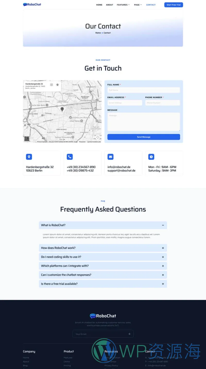AI聊天机器人服务Elementor网站模板_一键导入快速建站插图2-WP资源海 AI Elementor 模板联系页面预览