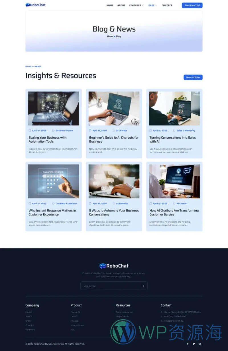 AI聊天机器人服务Elementor网站模板_一键导入快速建站插图4-WP资源海 AI Elementor 模板博客页面预览