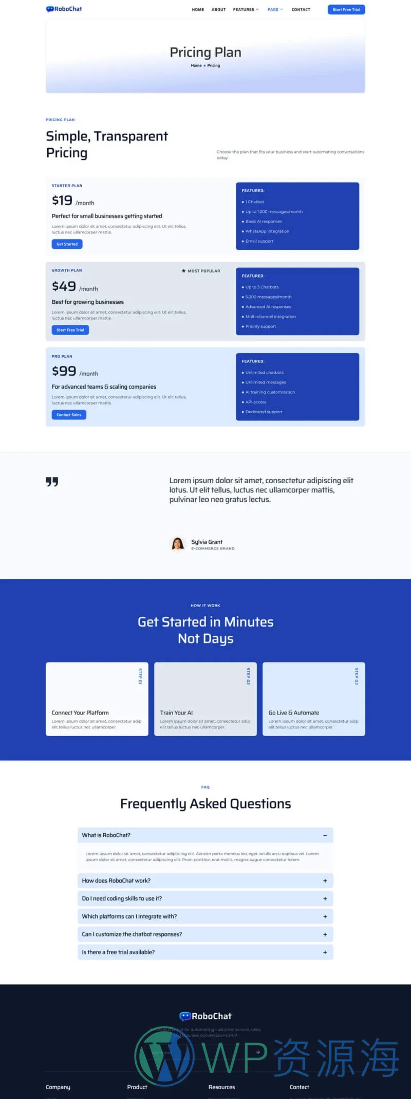 AI聊天机器人服务Elementor网站模板_一键导入快速建站插图5-WP资源海 AI Elementor 模板价格页面预览