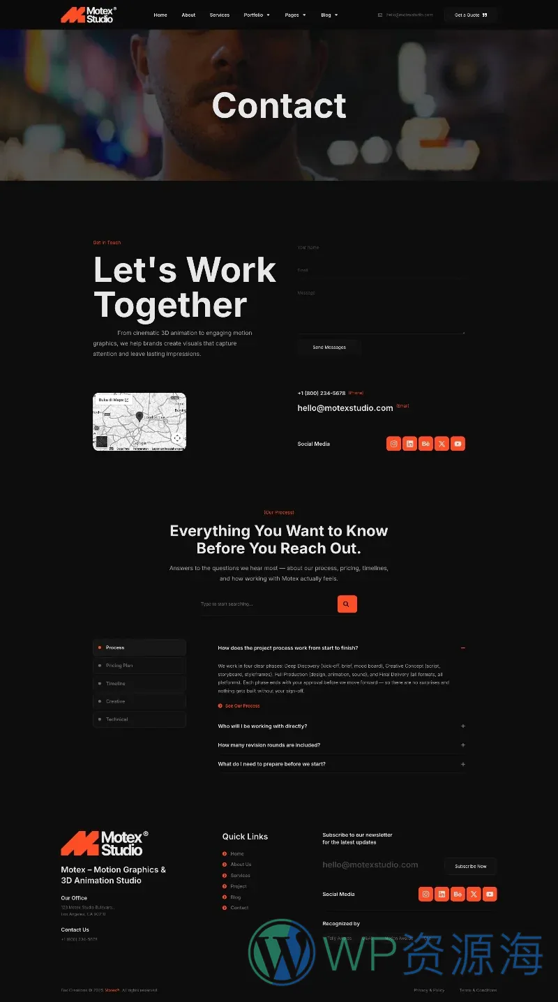 动态图形与三维动画工作室Elementor网站模板_一键导入快速建站插图2-WP资源海 多媒体 Elementor 模板联系页面预览