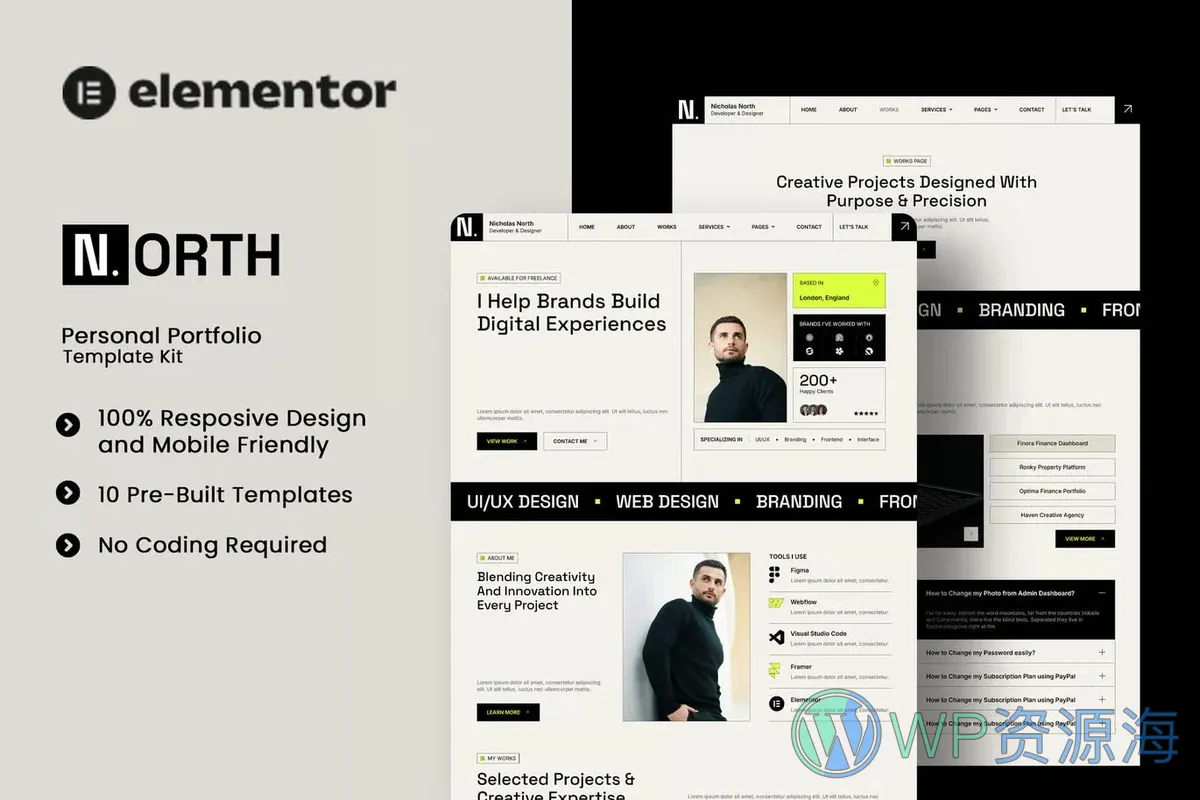 个人作品集Elementor网站模板_一键导入快速建站插图-WP资源海 个人 Elementor 网站模板封面
