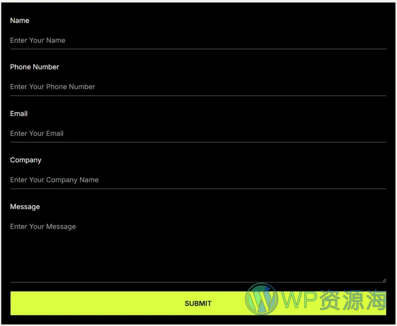 个人作品集Elementor网站模板_一键导入快速建站插图7-WP资源海 个人 Elementor 模板联系表单预览